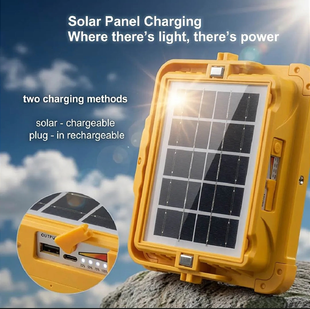 100W Rechargeable Solar LED Flood Light with PIR Motion Sensor | Waterproof Outdoor Construction Site, Street & Warehouse Light with Power Bank
