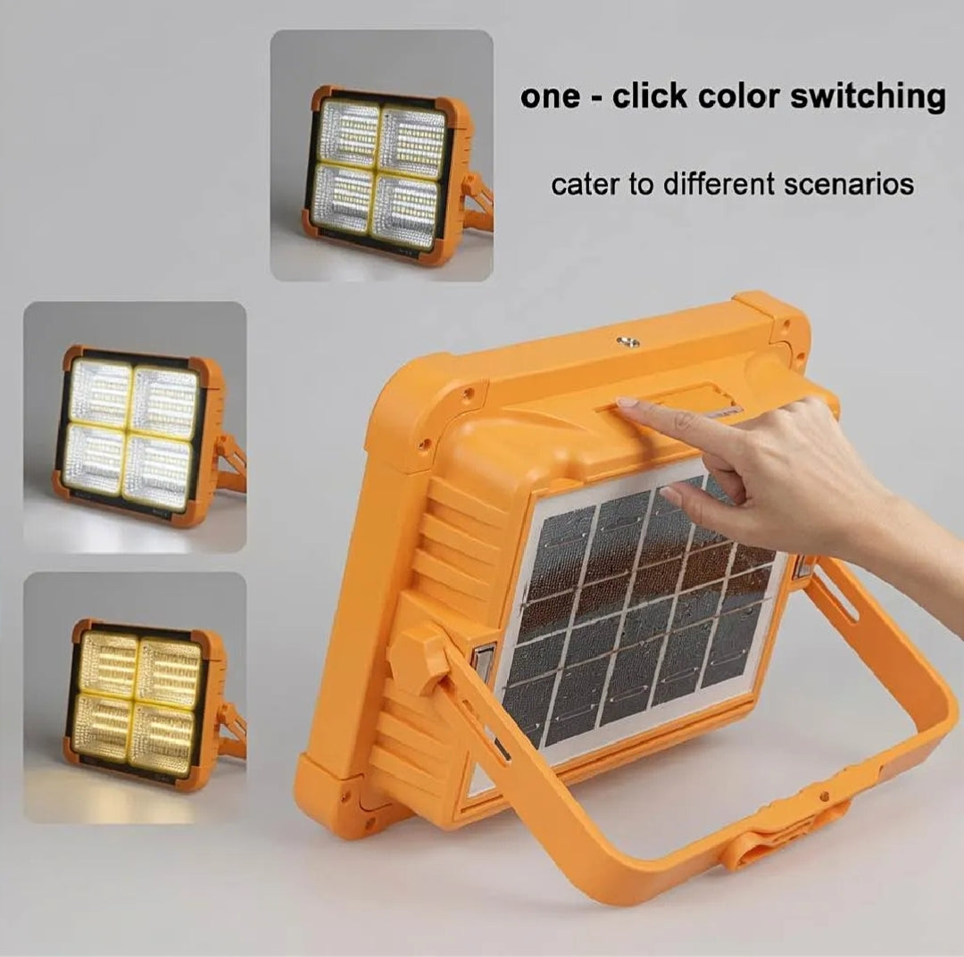 100W Rechargeable Solar LED Flood Light with PIR Motion Sensor | Waterproof Outdoor Construction Site, Street & Warehouse Light with Power Bank