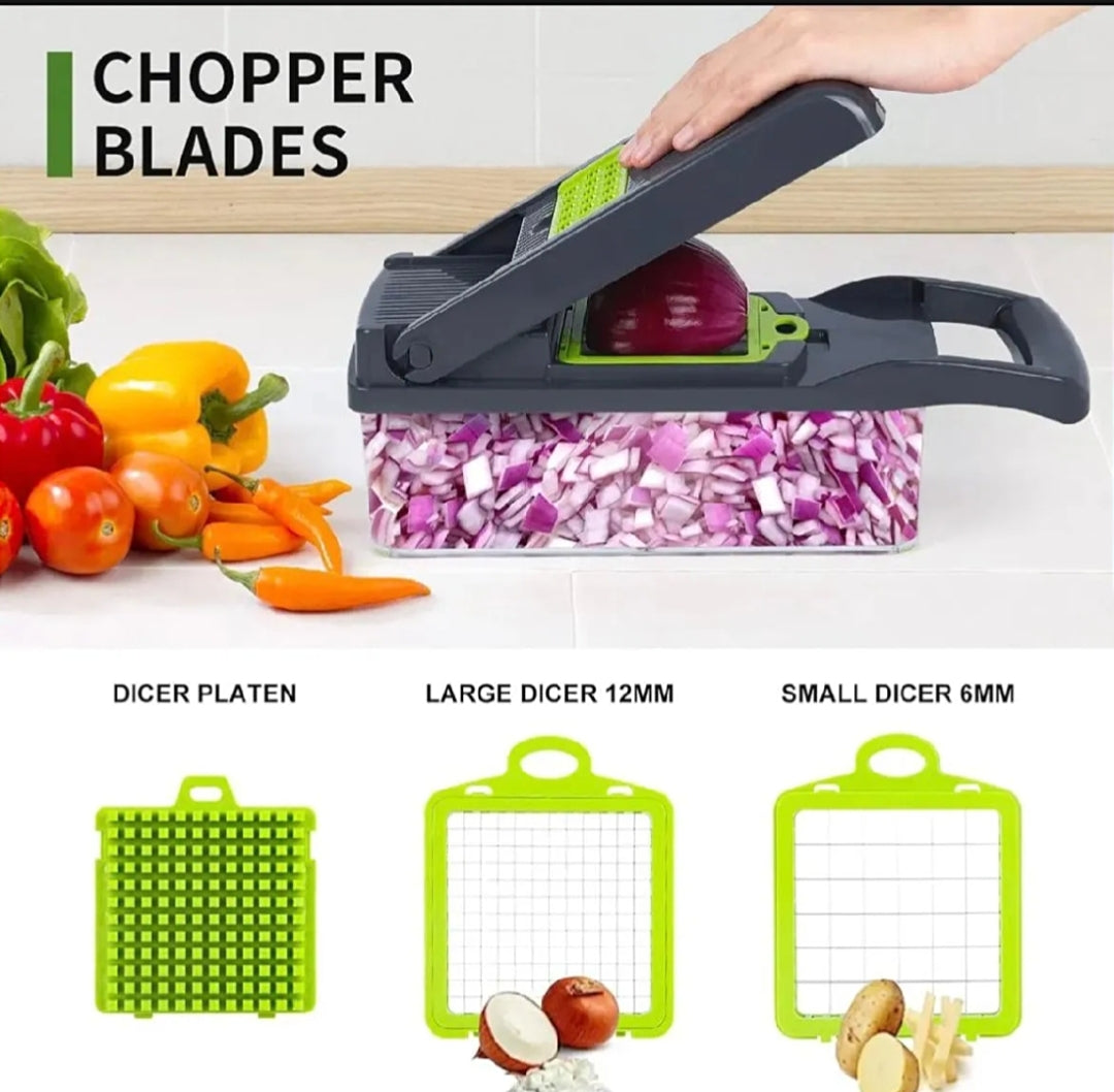 16-in-1 Multi-Function Vegetable Cutter, Chopper, Slicer, Shredder & Salad Maker – Stainless Steel Blades, Manual Food Processor & Kitchen Cutting Accessories